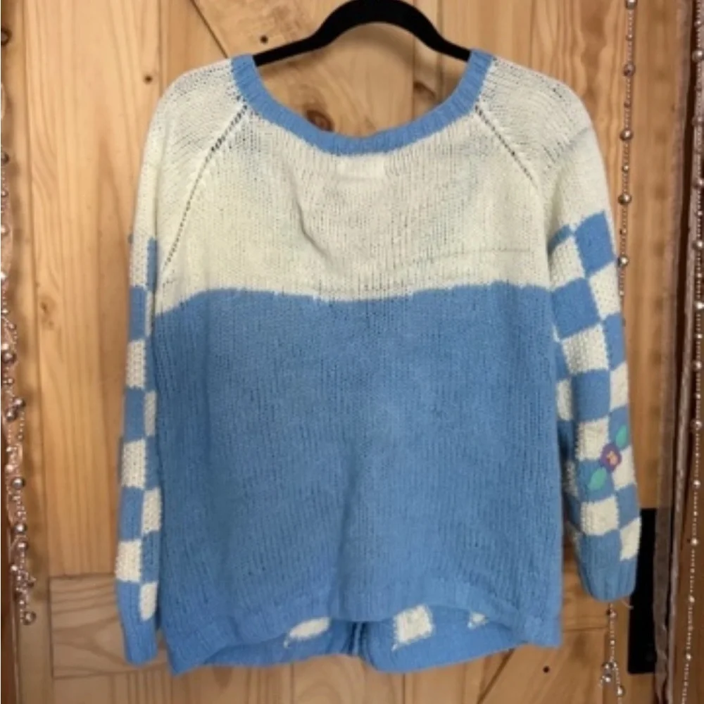 Blue and Cream Checker Floral Knit Cardigan - Women
